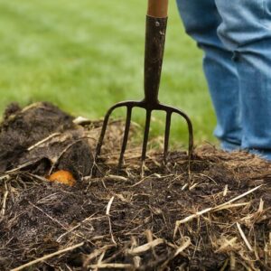 pitchfork turning a compost pile