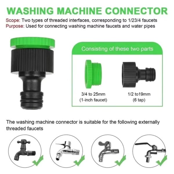 washing machine connector for expandable garden hose