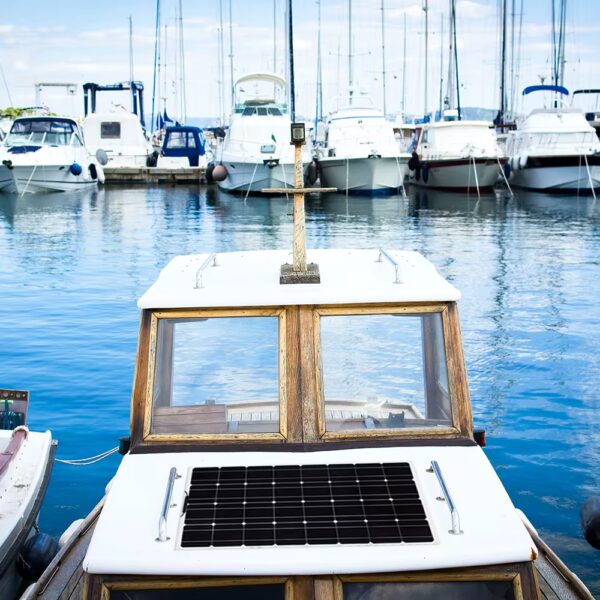 flexible solar panel kit installed on a boat for living off the grid