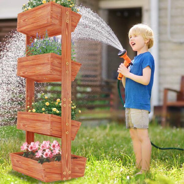 boy watering plant in the 4 tier vertical tilting outdoor planter stands available at Buzzy Meadows Gardeners Supply