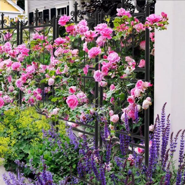elegant garden trellis covered in pink flowers available at Buzzy Meadows Gardeners Supply