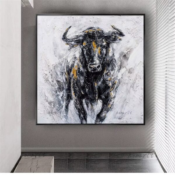 artistic display of Spanish Bull oil painting for sale at Buzzy Meadows Homestead in farmhouse decor