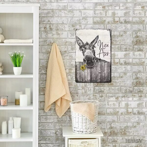 vintage donkey tin sign in bathroom for sale at Buzzy Meadows Homestead in farmhouse decor