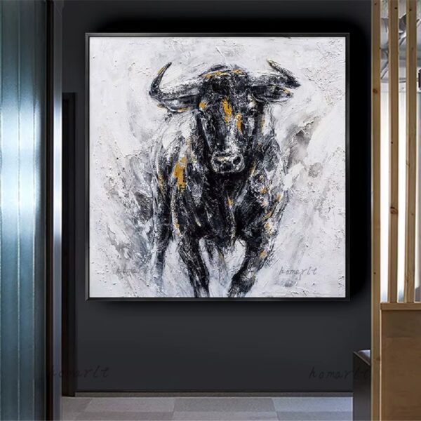 spanish bull oil painting against a dark background for sale at Buzzy Meadows Homestead in farmhouse decor