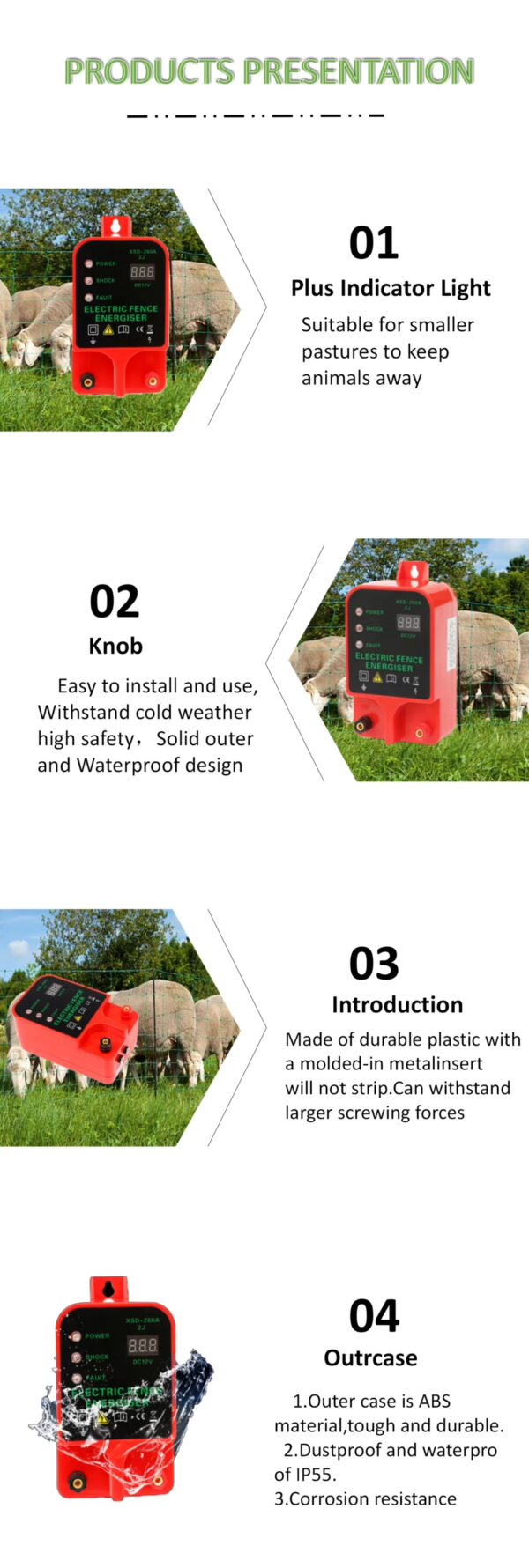 features of the electric fence energizer available in farm and home supply at Buzzy Meadows Homestead