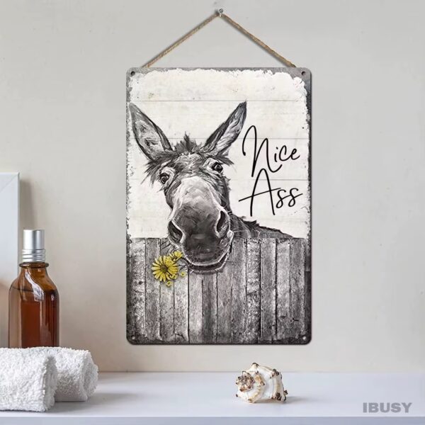 vintage donkey tin sign hung with string is for sale at Buzzy Meadows Homestead in farmhouse decor