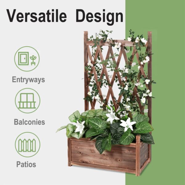 shows versatile design of small wood planter with garden trellis for entryways, balconies, patios