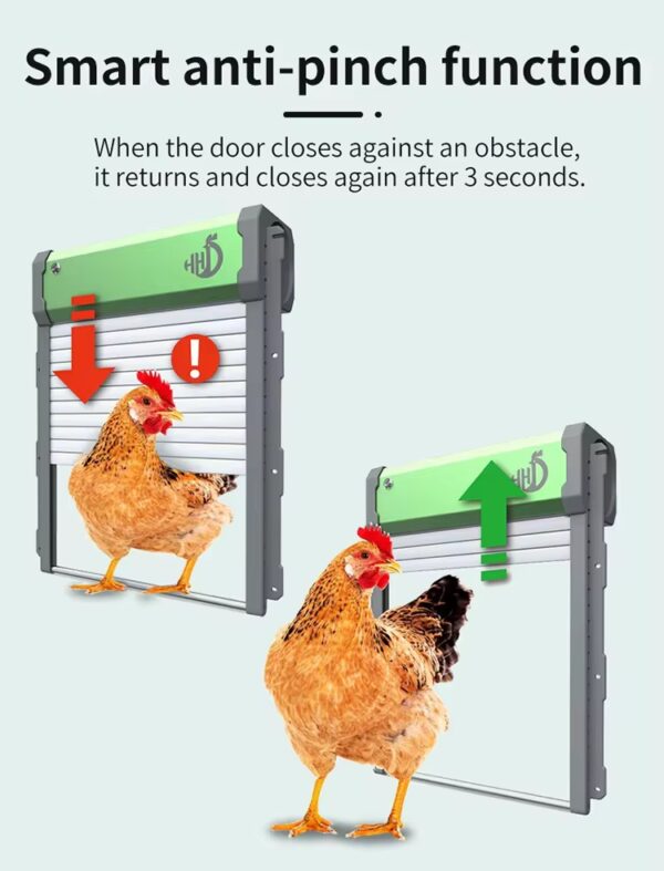 smart, anti-pinch function of solar automatic chicken coop door for off the grid living available at Buzzy Meadows Homestead