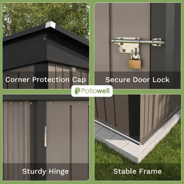 features of 5x3 garden storage shed available at Buzzy Meadows Homestead in gardeners supply