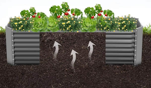 drawing of an open bottom raised garden bed getting nutrients from soil