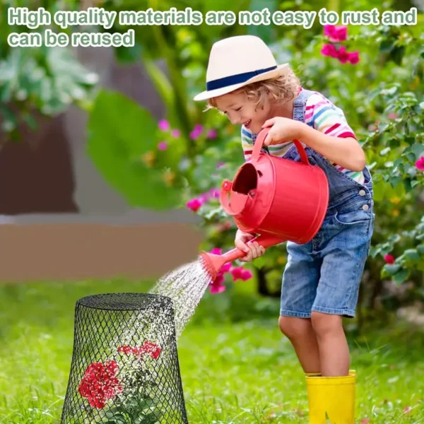 girl water flowers protected by plant cage for sale at Buzzy Meadows Homestead in gardeners supply