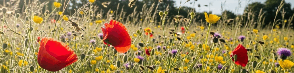 A meadow of wildflowers with honey bees collecting nectar